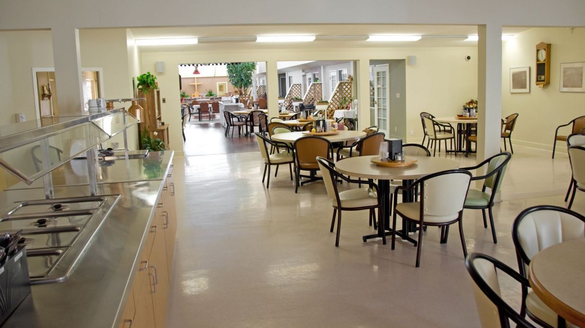 Modern assisted living exterior and courtyard