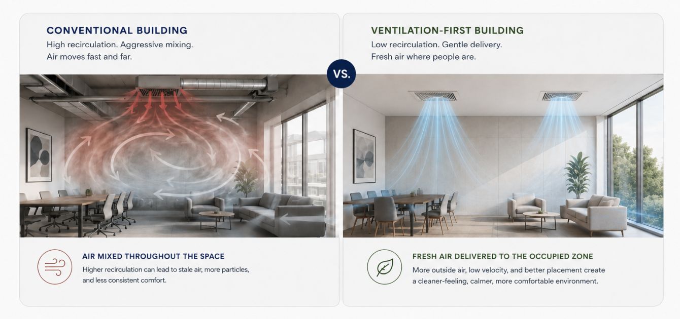 Ventilation-first building compared with conventional recirculated air building