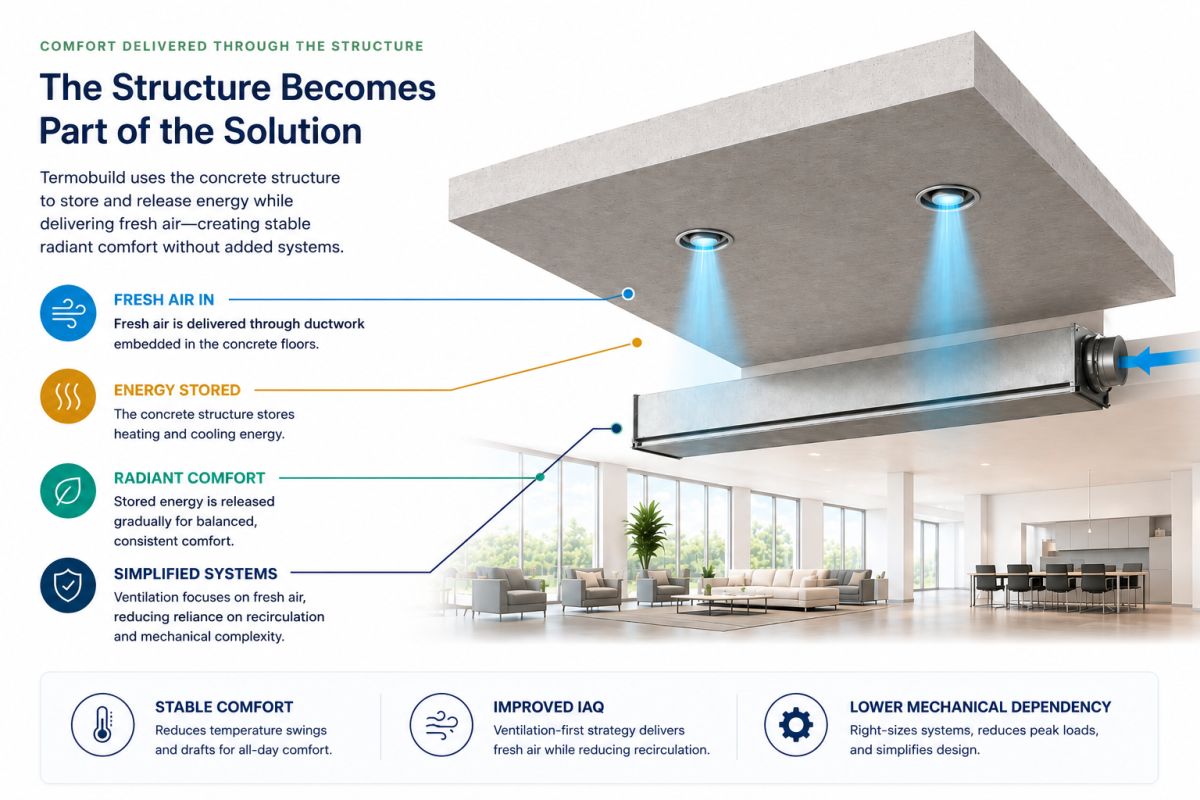 Structural thermal energy storage supporting fresh air, radiant comfort, and lower mechanical dependency