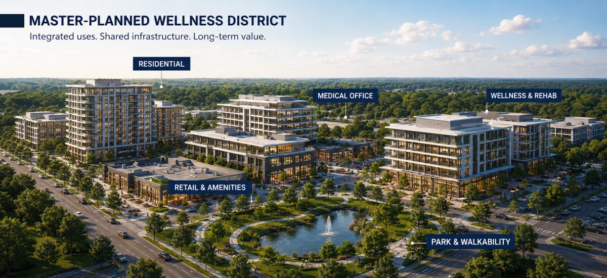 Master planned wellness district with integrated infrastructure strategy