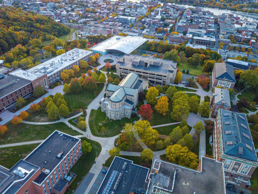 Aerial view of a campus with multiple buildings that can operate as shared energy infrastructure