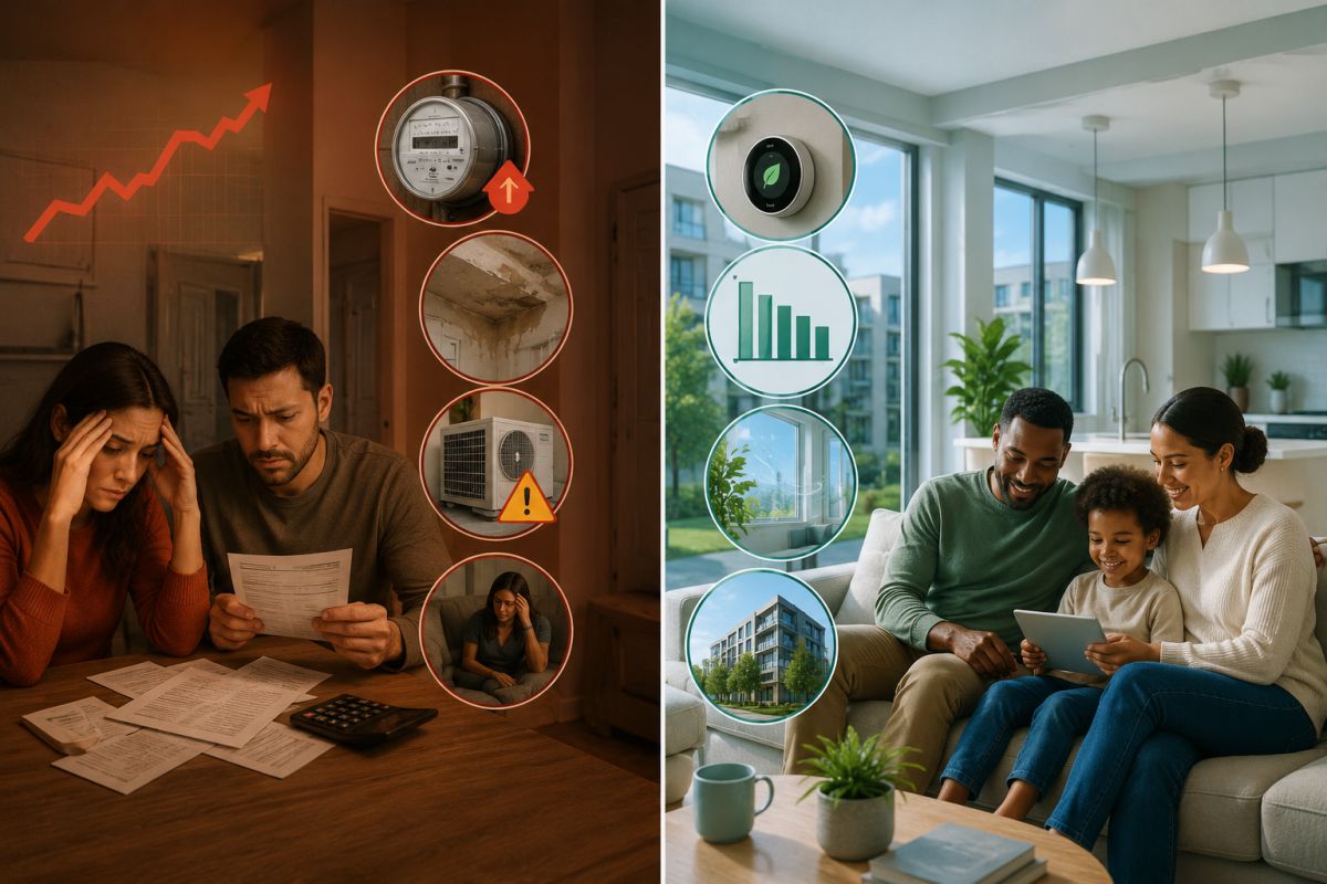 Split-screen comparison of first-cost housing decisions versus long-term housing value