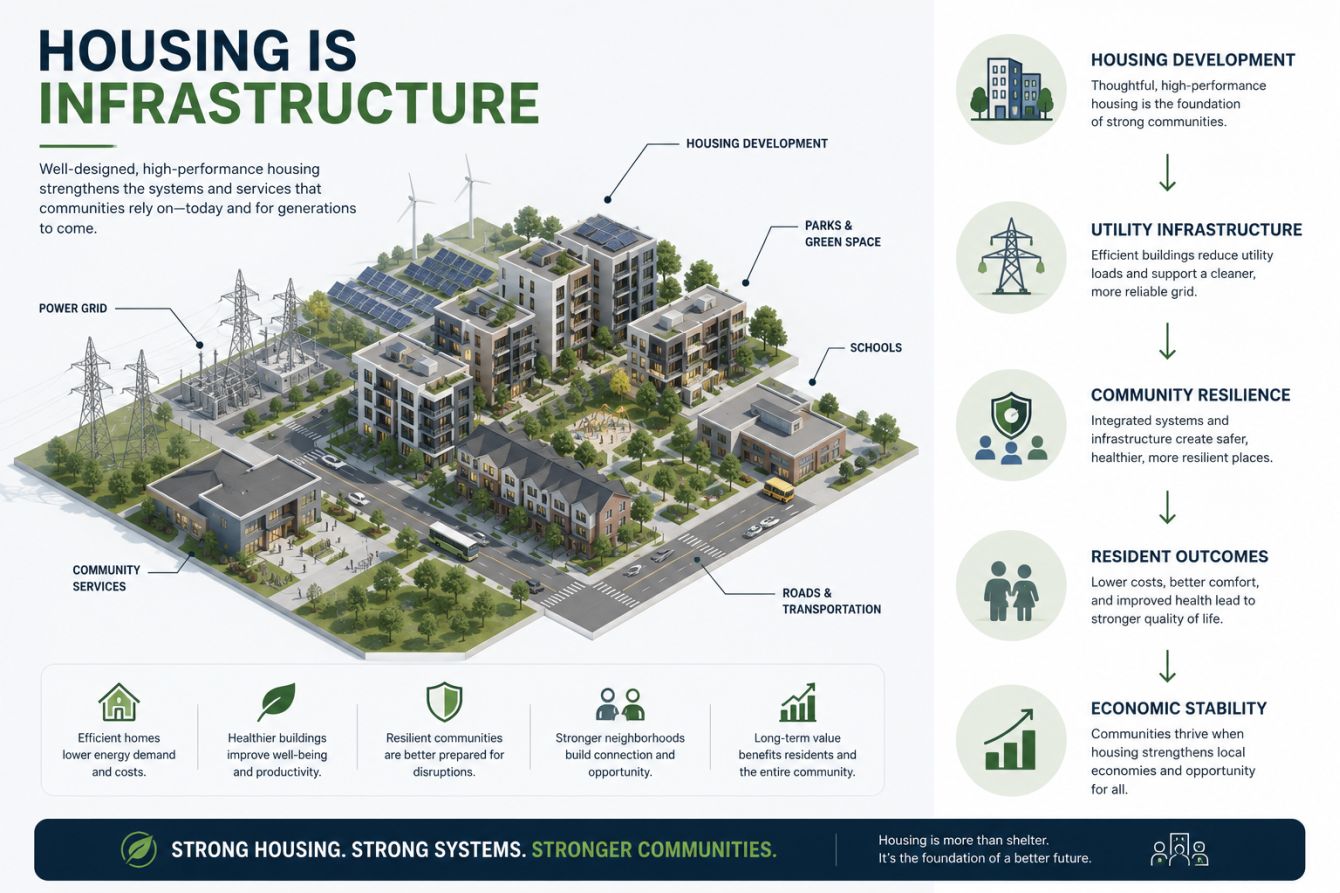 Housing is infrastructure diagram showing housing, utilities, roads, schools, parks, and community services