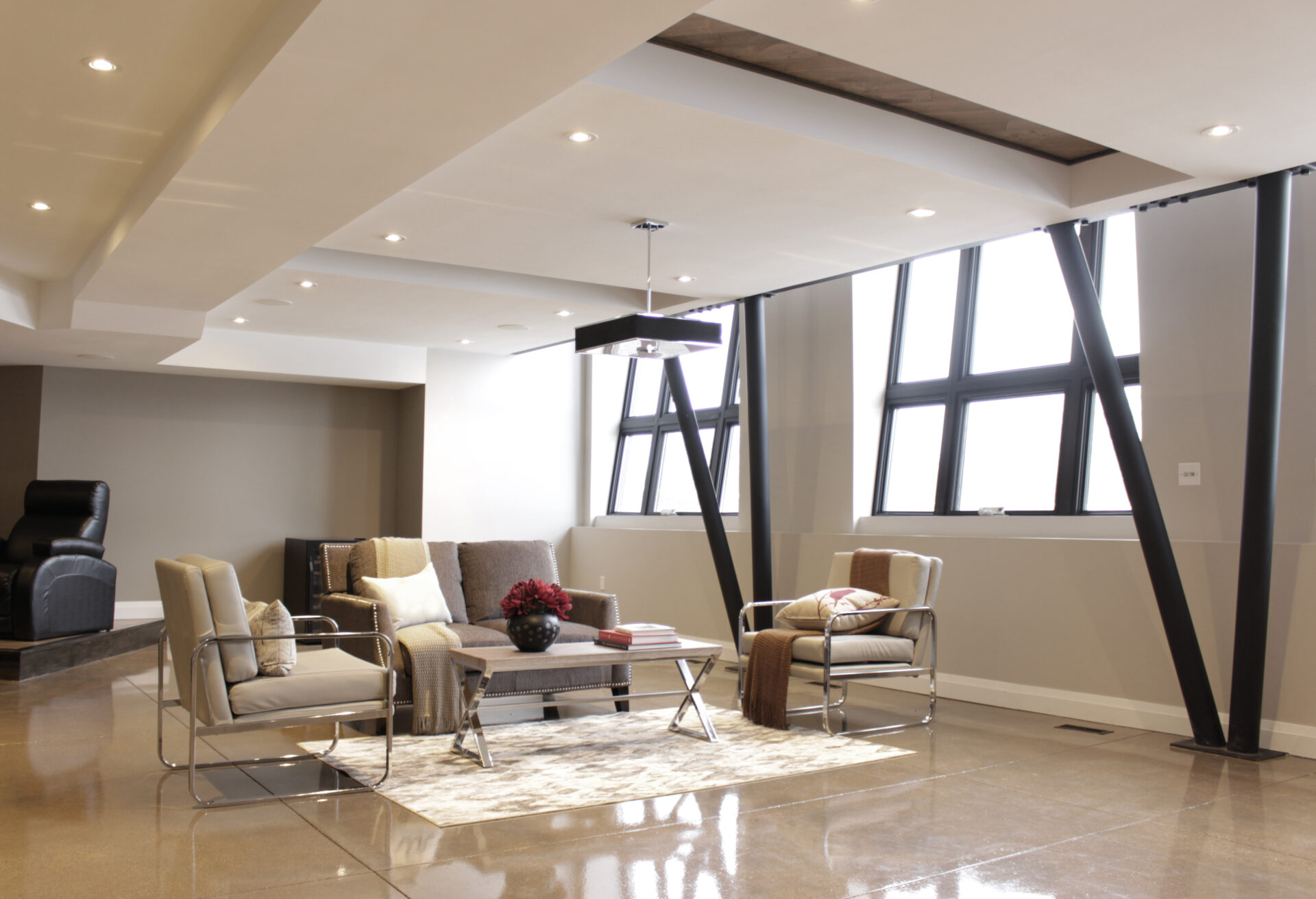 Luxury living room with polished concrete floor