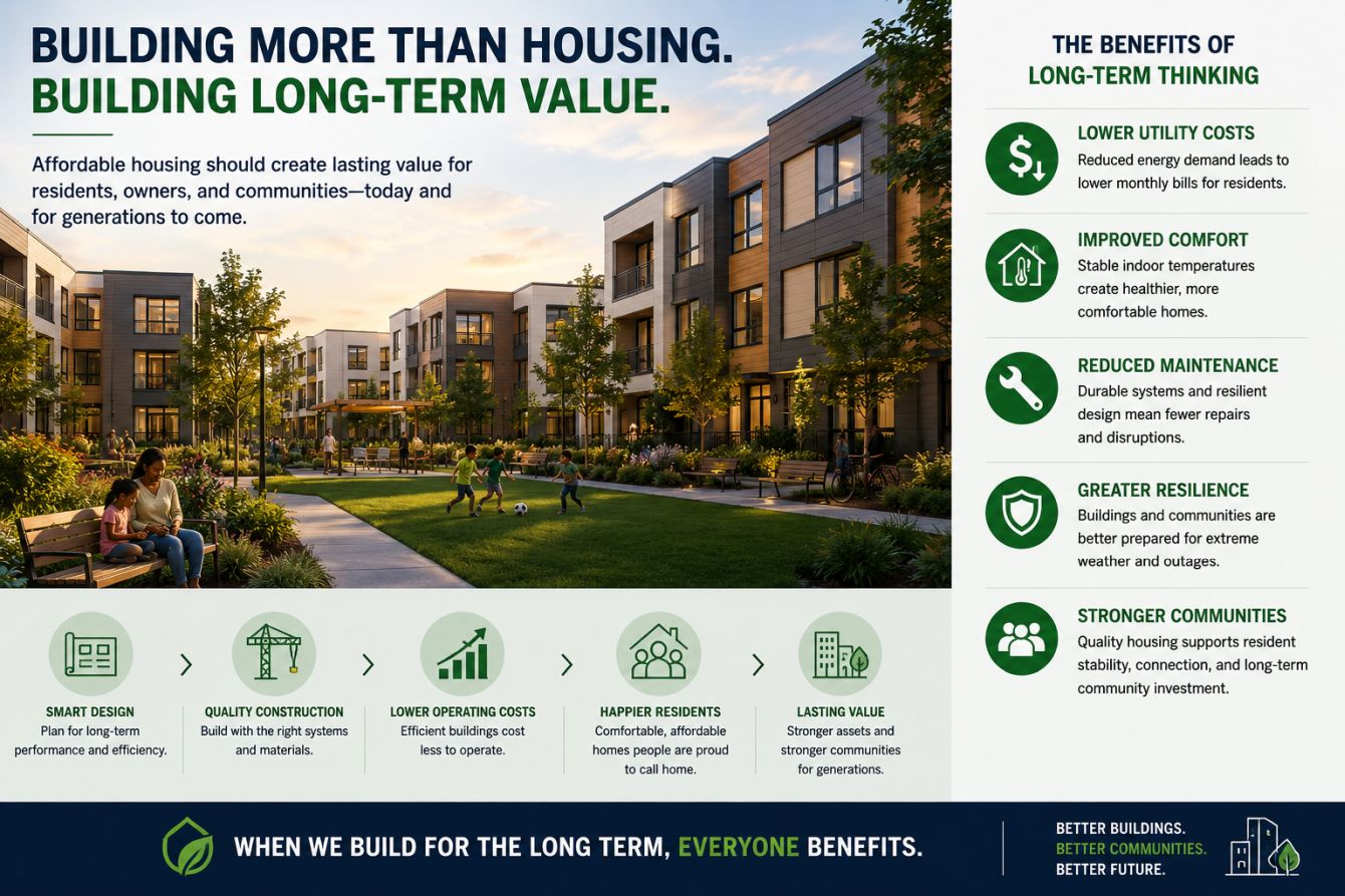 Long-term housing value graphic showing utility costs, comfort, maintenance, resilience, and stronger communities