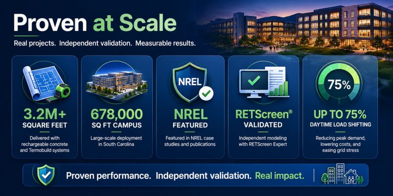 Proven at scale metrics including 3.2 million square feet, 678000 square foot campus, NREL featured, RETScreen validated, and up to 75 percent daytime load shifting