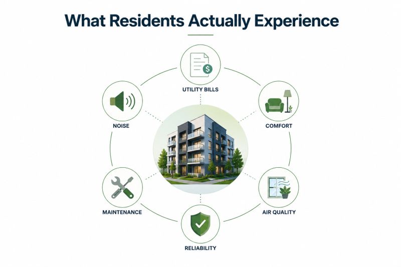Resident experience infographic showing utility bills, comfort, air quality, noise, reliability, and maintenance