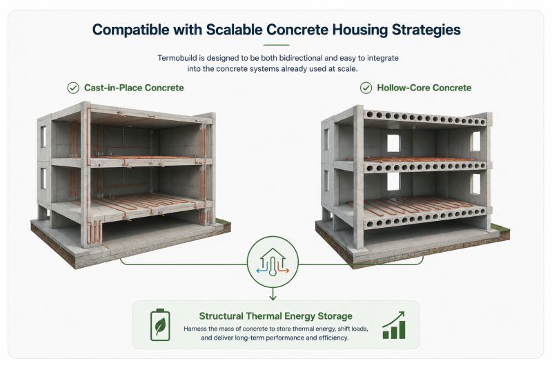 Building cutaway diagram showing compatibility with cast-in-place concrete and hollow-core concrete