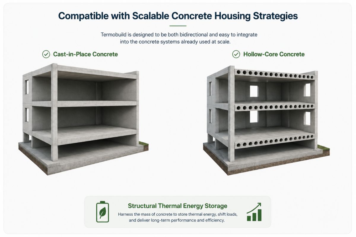 Building cutaway diagram showing compatibility with cast-in-place concrete and hollow-core concrete