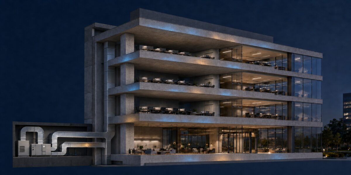 Architectural cutaway showing conventional HVAC connected to active concrete thermal infrastructure.