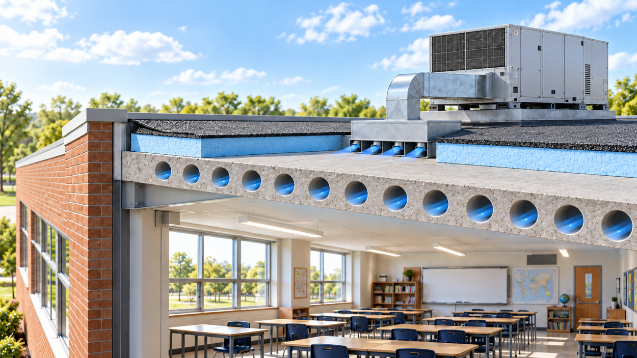 Concept illustration of circular air pathways inside a concrete school roof connected to conventional HVAC